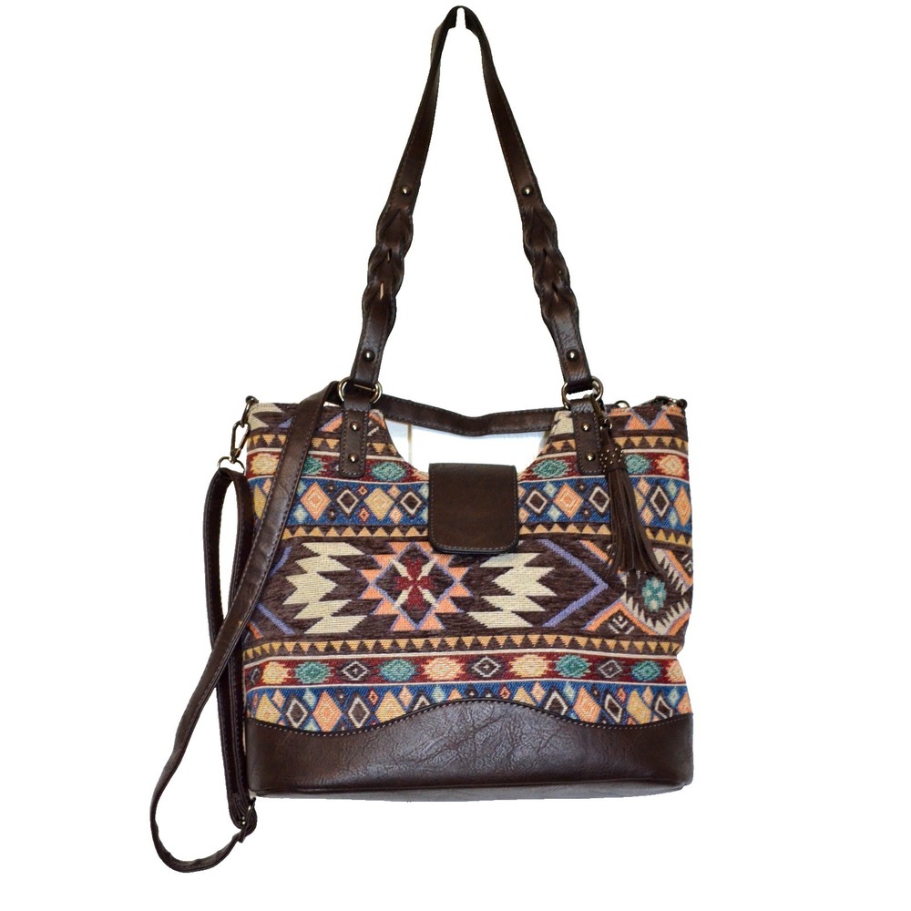 Sam & Hadley Western Brown Faux Leather Shoulder Bag Purse Cloth Aztec Front